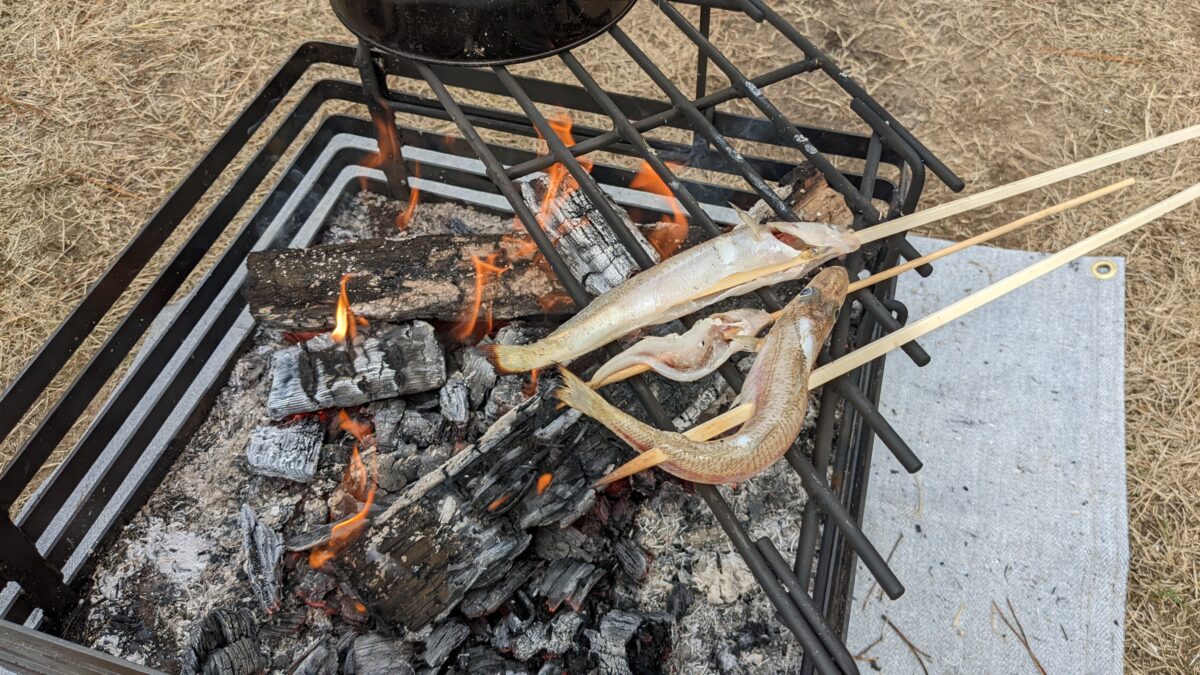 DIY溶接で自作した焚き火台と五徳で魚を焼く